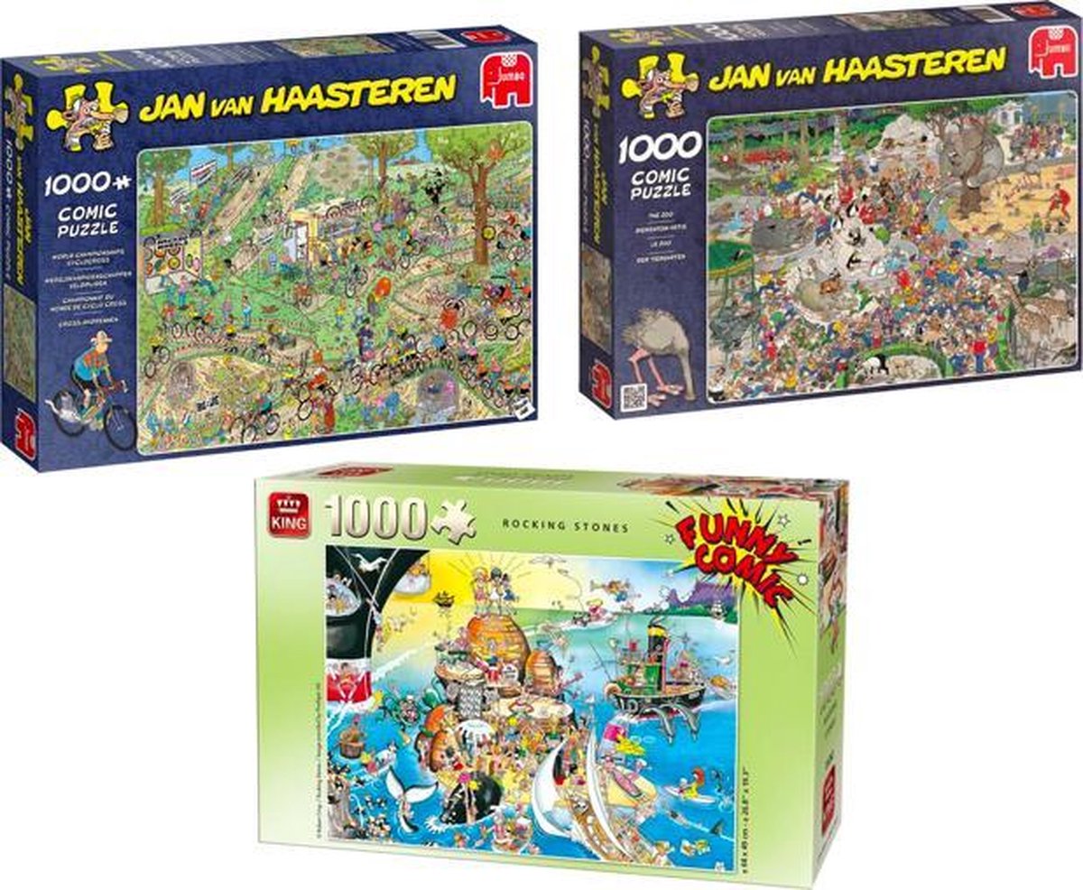 Puzzelvoordeelset Jan van Haasteren - Wereldkampioenschappen Veldrijden Legpuzzel 1000 Stukjes & Jan van Haasteren Dierentuin - Puzzel 1000 stukjes & King Funny Comic Puzzel - Rocking Stones - 1000 Stukjes Legpuzzel