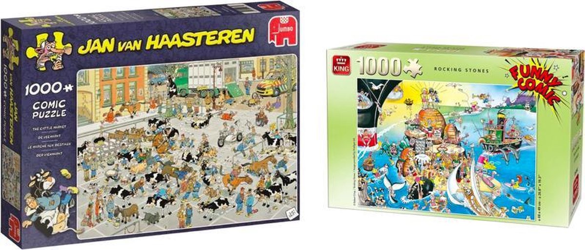 Puzzelvoordeelset Jan van Haasteren de Veemarkt Puzzel 1000 Stukjes & King Funny Comic Puzzel - Rocking Stones - 1000 Stukjes