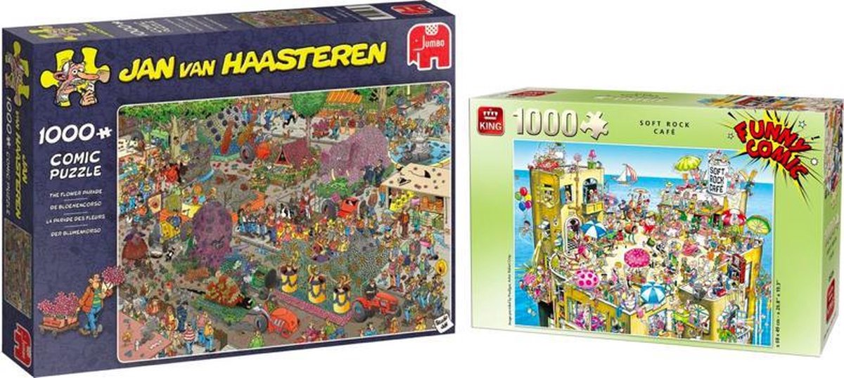 Puzzelvoordeelset King Funny Comic Puzzel 1000 Stukjes SOFT ROCK CAFE & Jan van Haasteren De Bloemencorso Puzzel 1000 Stukjes