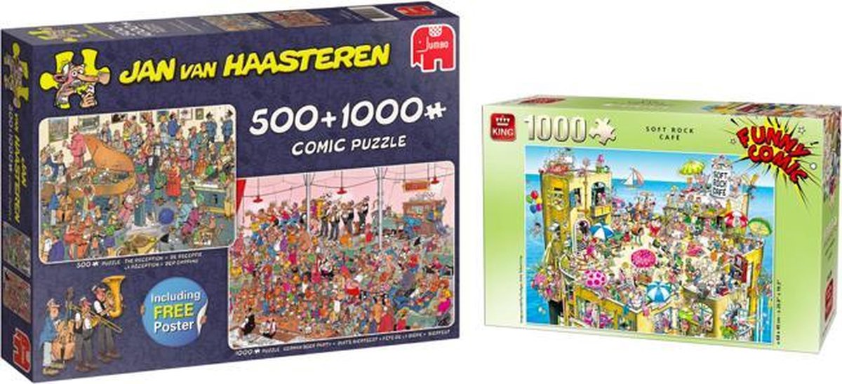 Puzzelvoordeelset King Funny Comic Puzzel 1000 Stukjes SOFT ROCK CAFE & Jan van Haasteren Feestje! - Puzzel 2in1 500 & 1000 stukjes