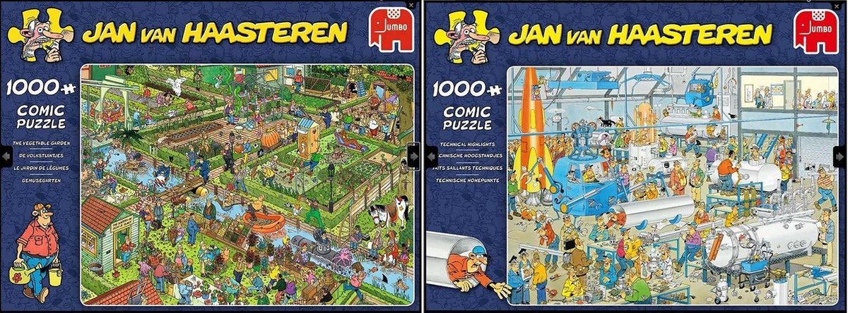 Set Jan van Haasteren combi De volkstuintjes en Technische hoogstandjes (2x puzzel 1000 stukjes)