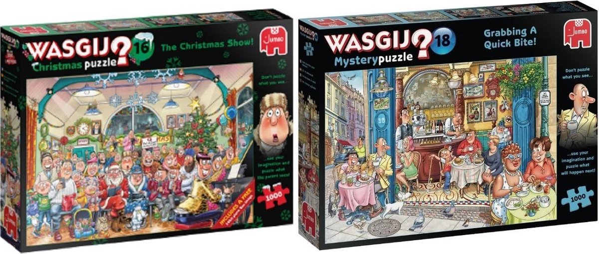 Set Wasgij combi Mystery 18 en xMas 16 (3x puzzel 1000 stukjes)