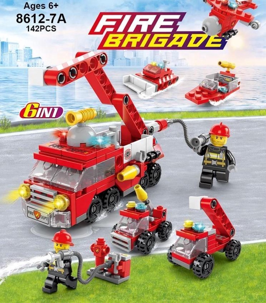 Brandweerman Hoogwerker Bouwsets - 6 in 1 Speelgoed Set Geschikt voor LEGO -  Brandweerauto - Bouwspeelgoed kerstcadeau