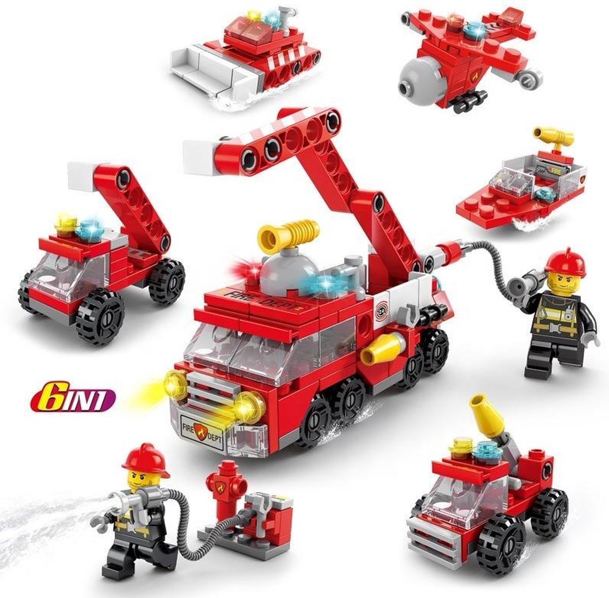 Brandweerman Hoogwerker Bouwsets - 6 in 1 Speelgoed Set  Geschikt voor LEGO - Brandweerauto - Bouwspeelgoed kerstcadeau