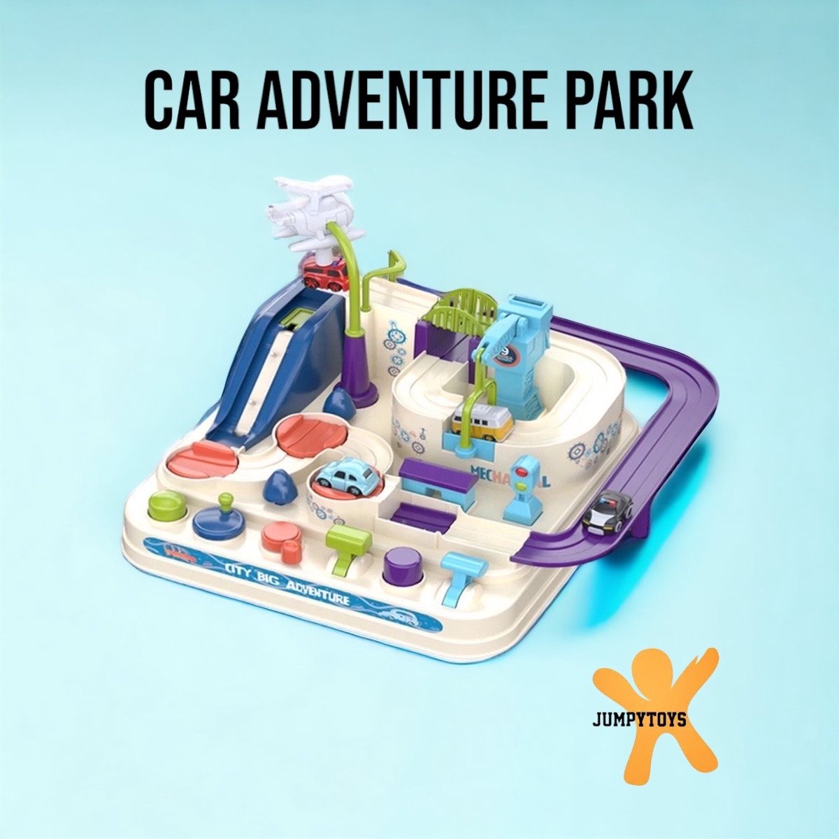 CAR ADVENTURE PARK - JUMPYTOYS - Auto speelpark - speelgoed voor ontwikkeling van je kind - speelgoed fijne motoriek - - Lifting platform -