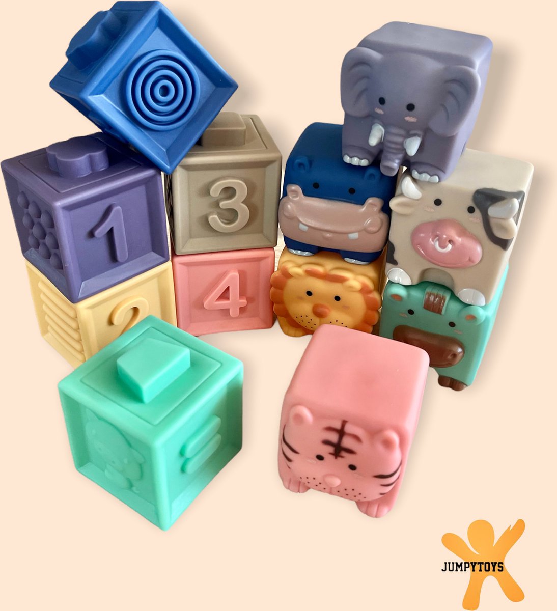 JUMPYTOYS - BABY BLOKKEN - SILICONEN BLOKKEN SET - 12 STUKS - DIEREN/FIGUREN/CIJFERS BABYSPEELGOED ONTWIKKELING VAN JE KIND -