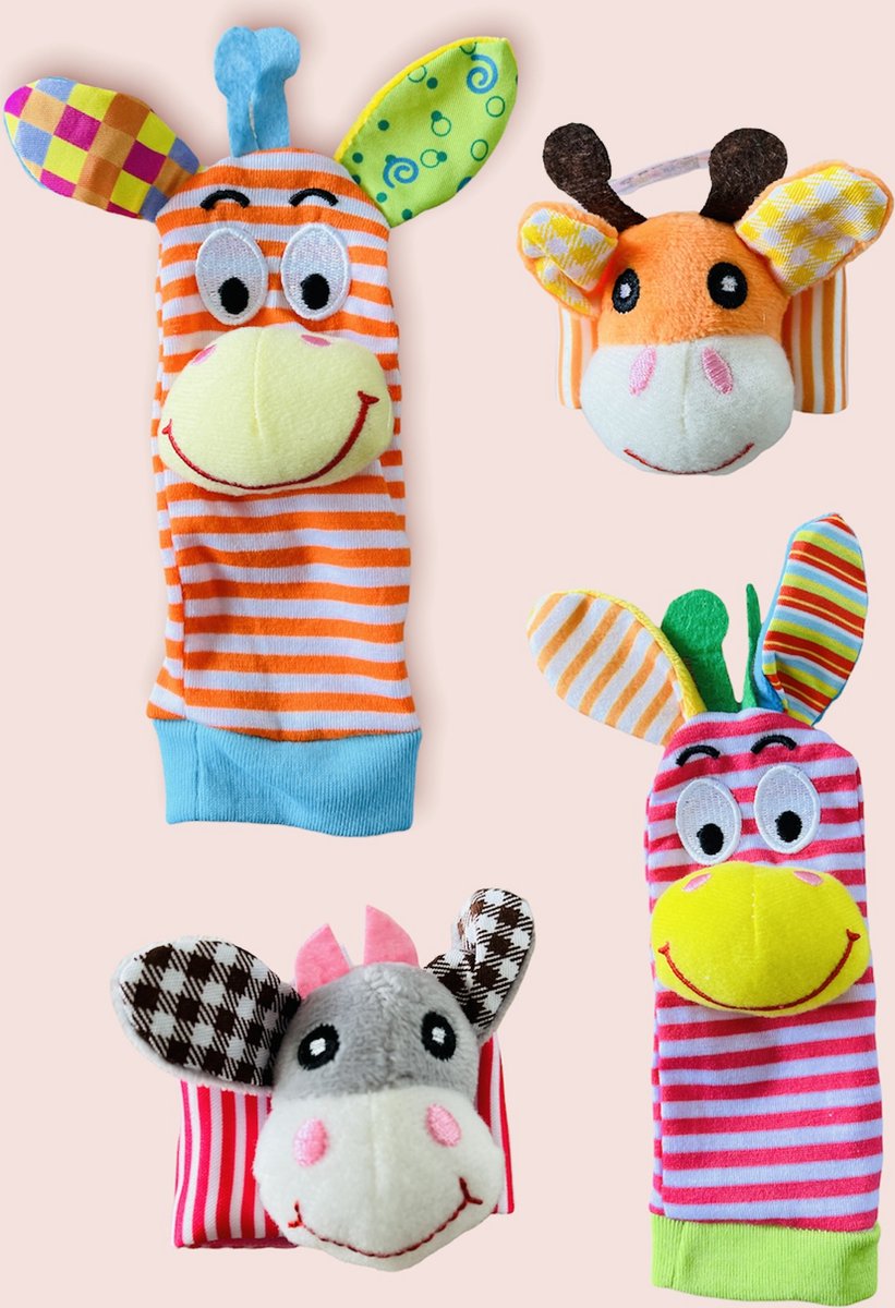 JUMPYTOYS - Babysokken met rammelaar & 2 rammelaars voor pols - 4delig - Zebra - Dierlijk figuurtje - ROOS/ORANJE