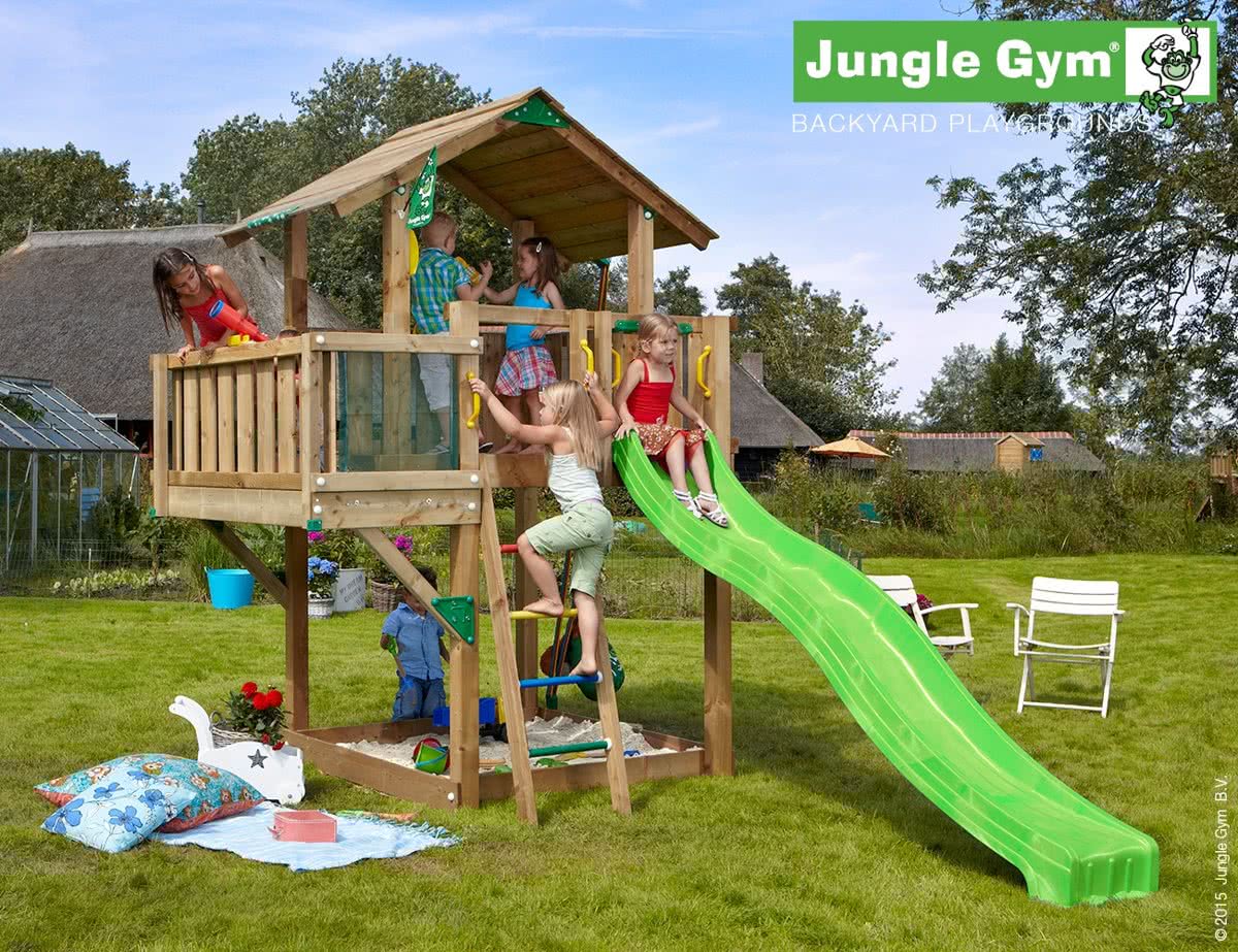 Chalet Balcony - Speeltoestel van Hout voor Buiten - Met Glijbaan - Groen