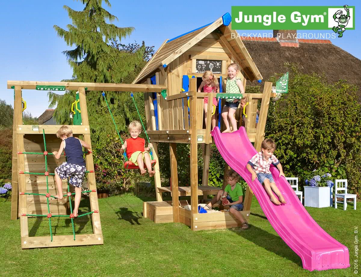 Crazy Playhouse Climb - Houten Speelhuis met Klimrek - Met Glijbaan - Blauw