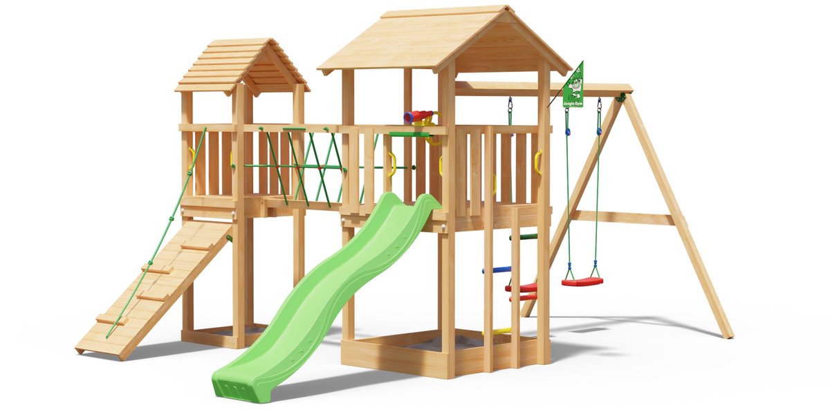   Speeltoestel van Douglas Hout - Jungle Nova met Groene Glijbaan - Tuin Speeltoestel voor buiten met Zandbak, Dubbele Schommel en Klimwand