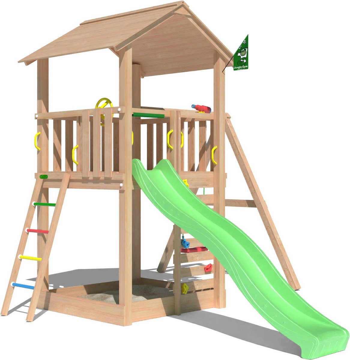   Speeltoestel van Douglas Hout - Jungle Sierra met Groene Glijbaan - Tuin Speeltoestel voor buiten met Zandbak en Schommel