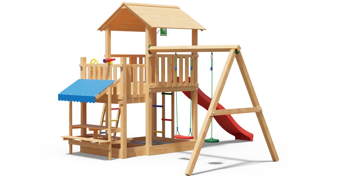   Speeltoestel van Douglas Hout - Jungle Skyline met Rode Glijbaan - Tuin Speeltoestel voor buiten met Zandbak, Dubbele Schommel en Speelhuisje