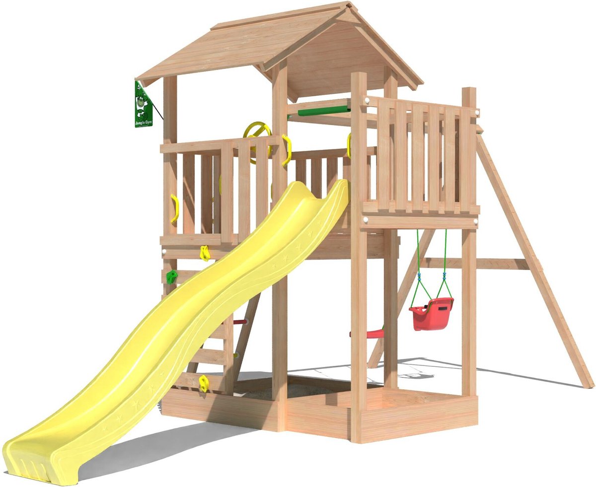   speeltoestel van douglas hout - Jungle Arbour met gele glijbaan - Tuin speeltoestel voor buiten met zandbak en schommels