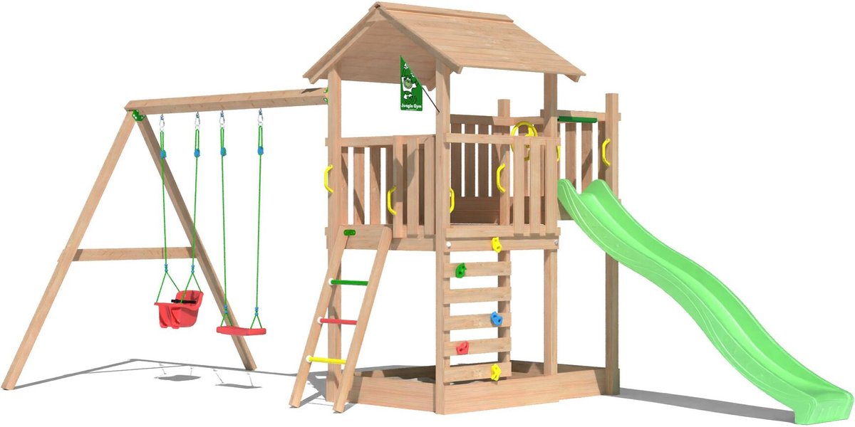   speeltoestel van douglas hout - Jungle Arbour met groene glijbaan - Tuin speeltoestel voor buiten met zandbak en schommels
