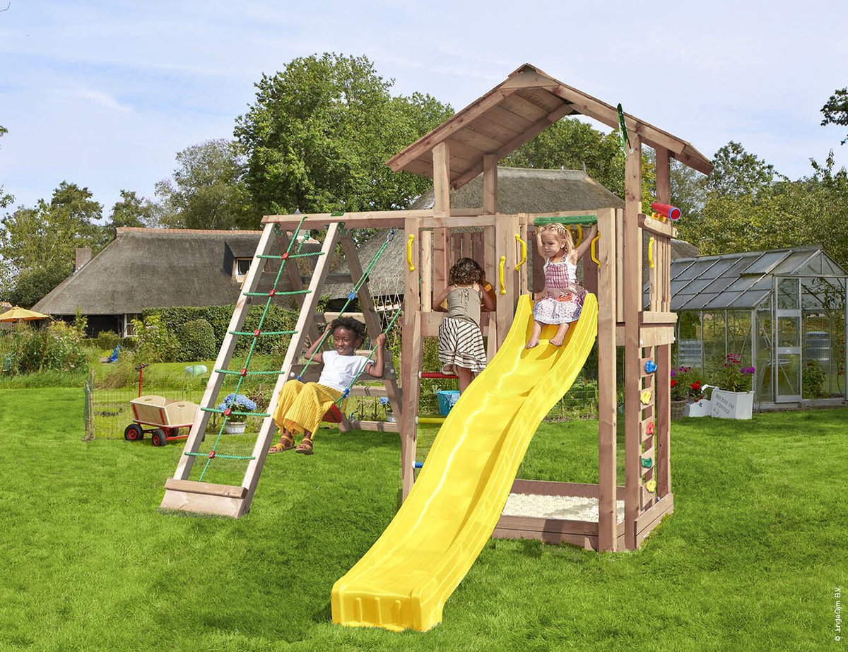   speeltoestel van douglas hout - Jungle Chalet met gele glijbaan - Tuin speeltoestel voor buiten met zandbak, schommel en klimnet