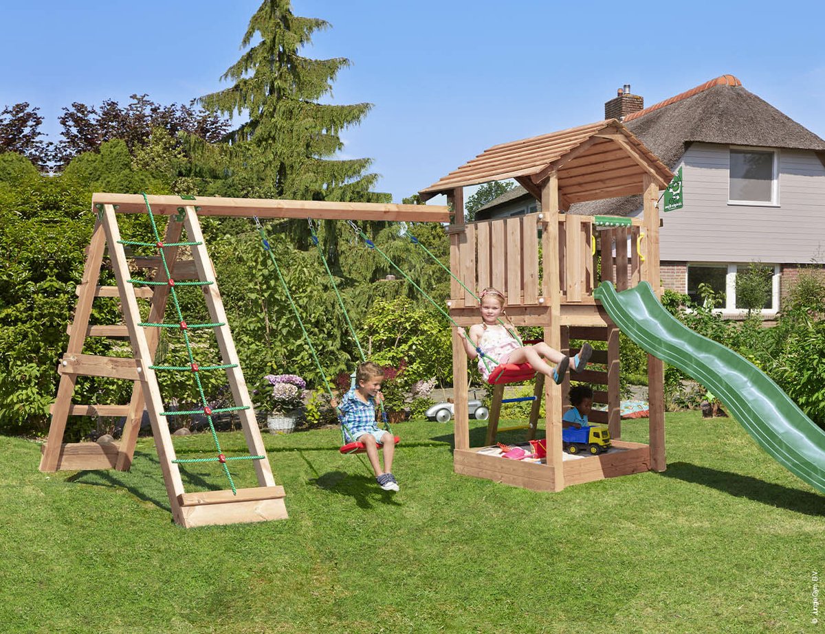   speeltoestel van douglas hout - Jungle Cottage met donkergroene glijbaan - Tuin speeltoestel voor buiten met zandbak, schommels en klimnet