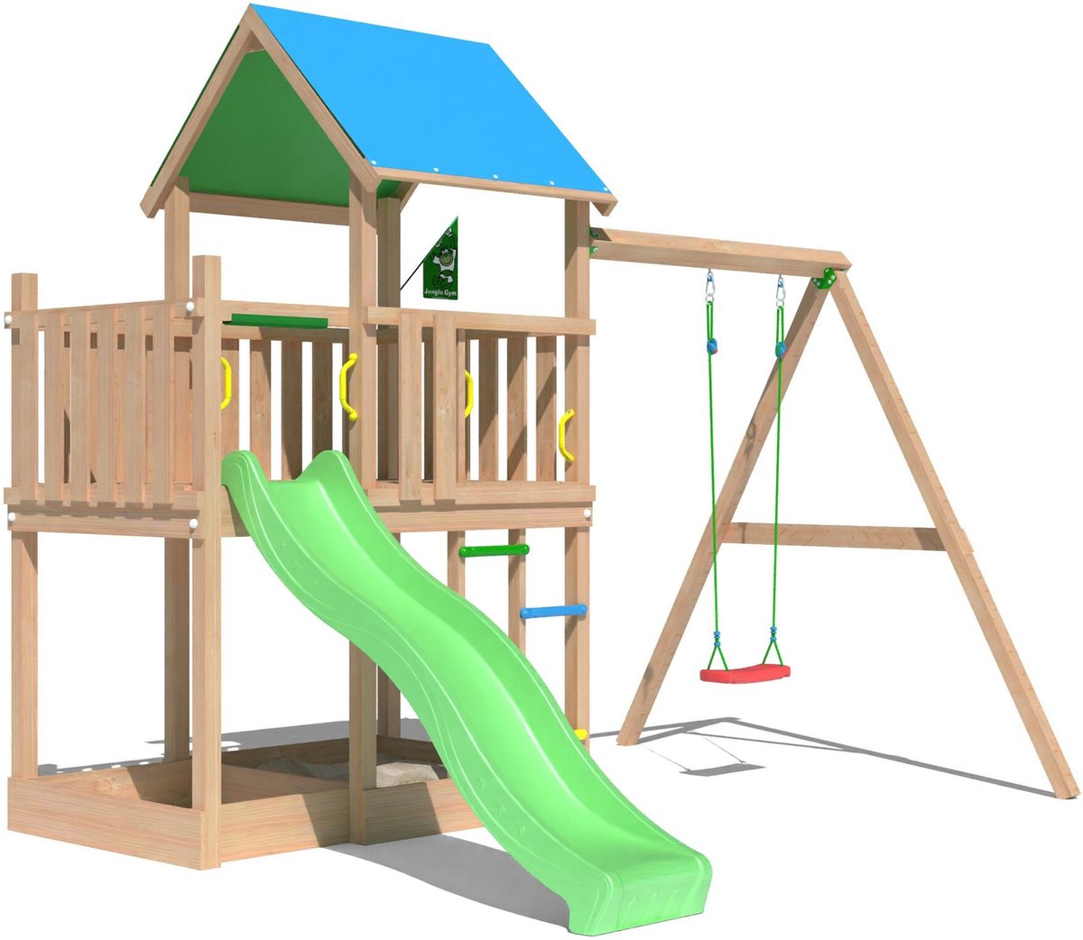   speeltoestel van douglas hout - Jungle Dazzle met groene glijbaan - Tuin speeltoestel voor buiten met zandbak en schommel