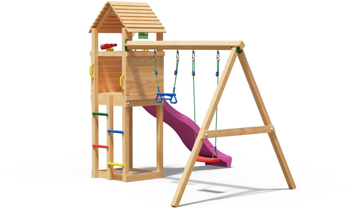   speeltoestel van douglas hout - Jungle Delight met roze glijbaan - Tuin speeltoestel voor buiten met zandbak en schommels