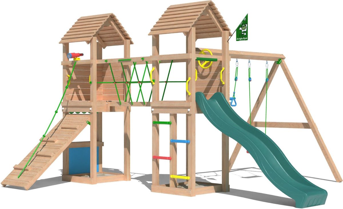   speeltoestel van douglas hout - Jungle Gatehouse met donkergroene glijbaan - Tuin speeltoestel voor buiten met balanceerbrug, klimhelling en winkeltje