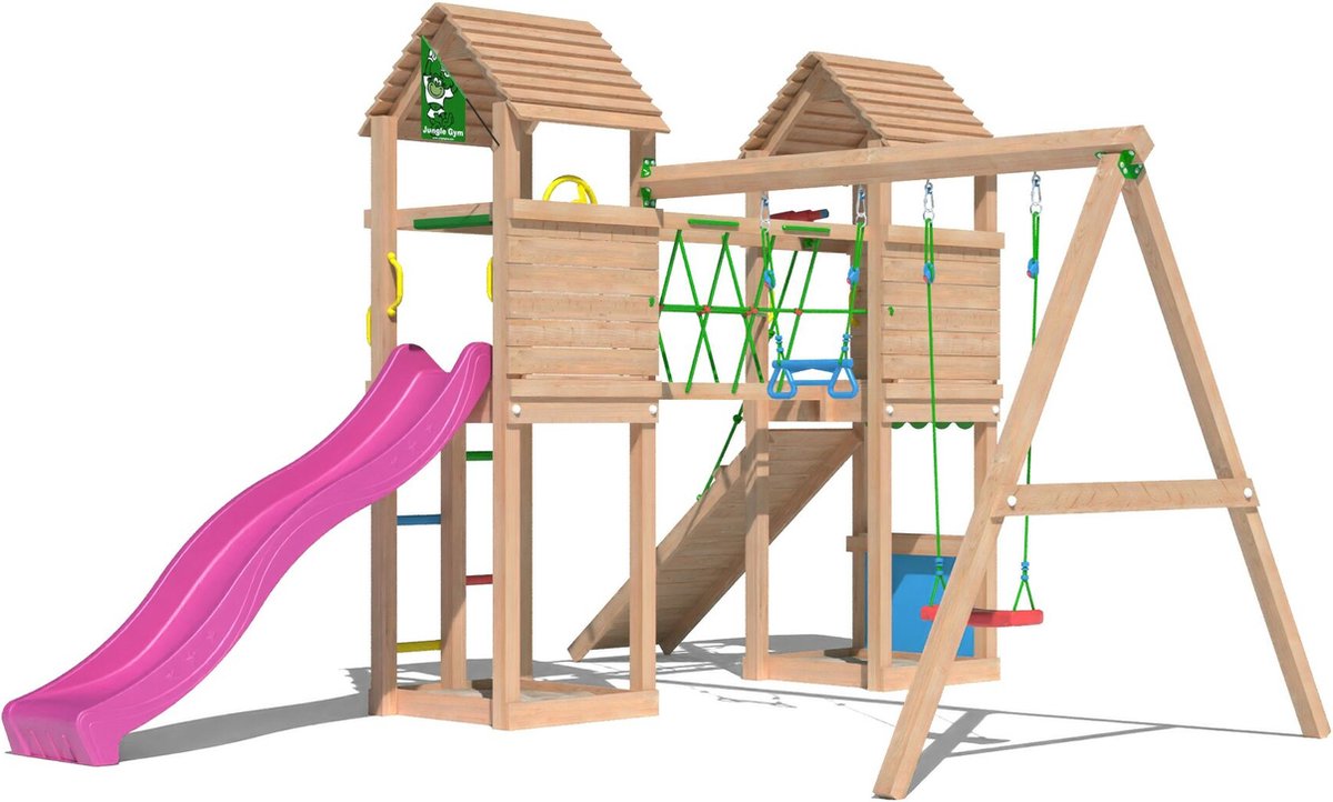   speeltoestel van douglas hout - Jungle Gatehouse met roze glijbaan - Tuin speeltoestel voor buiten met balanceerbrug, klimhelling en winkeltje