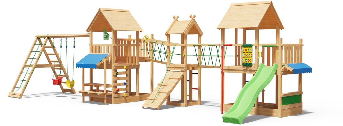   speeltoestel van douglas hout - Jungle Gazebo XXL met groene glijbaan - Tuin speeltoestel voor buiten met schommels, klimwand en picknicktafel