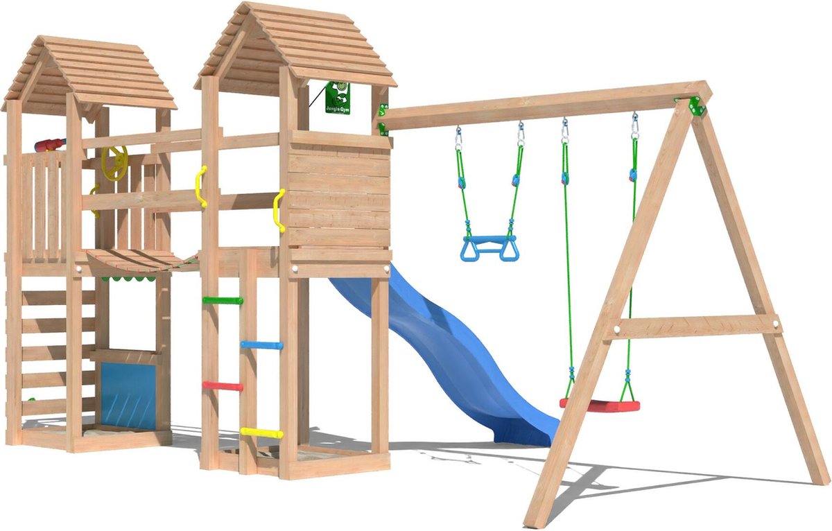   speeltoestel van douglas hout - Jungle Haven met blauwe glijbaan - Tuin speeltoestel voor buiten met zandbak en schommels