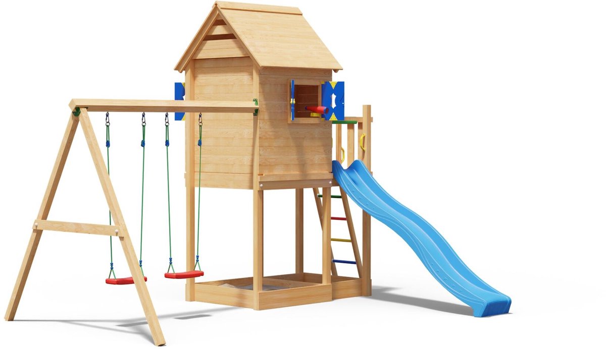   speeltoestel van douglas hout - Jungle Hideout met blauwe glijbaan - Tuin speeltoestel voor buiten met zandbak en schommels