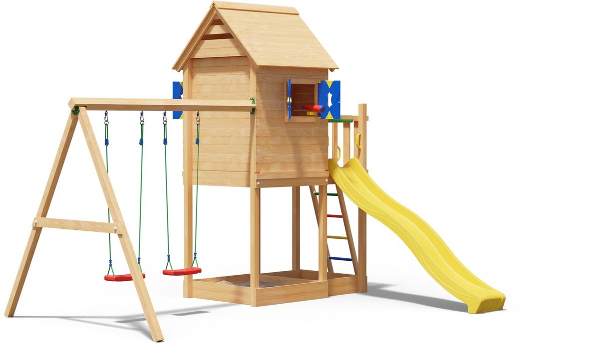   speeltoestel van douglas hout - Jungle Hideout met gele glijbaan - Tuin speeltoestel voor buiten met zandbak en schommels