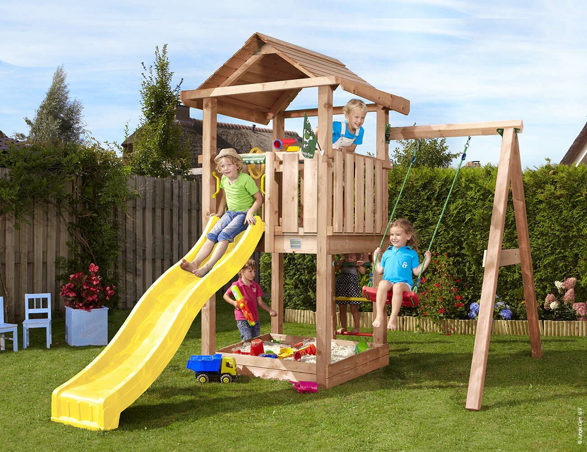   speeltoestel van douglas hout - Jungle House met gele glijbaan - Tuin speeltoestel voor buiten met zandbak en schommel