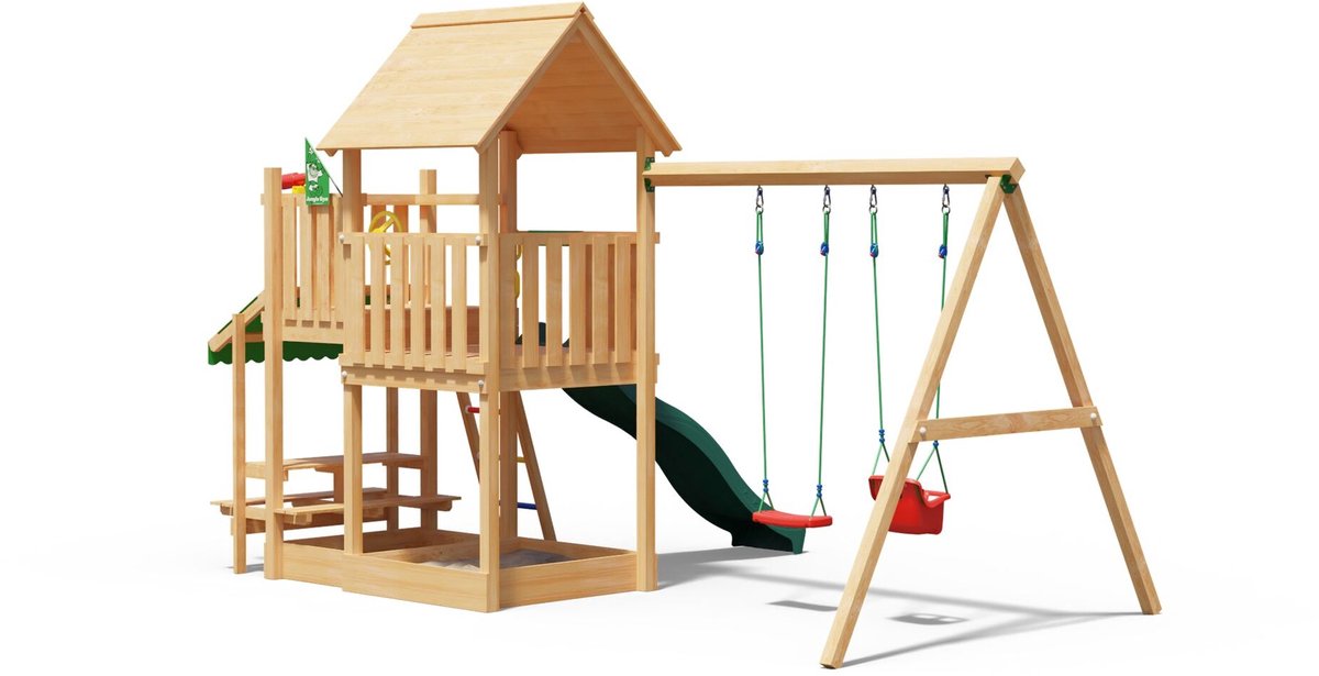   speeltoestel van douglas hout - Jungle Lagoon met donkergroene glijbaan - Tuin speeltoestel voor buiten met zandbak en schommels