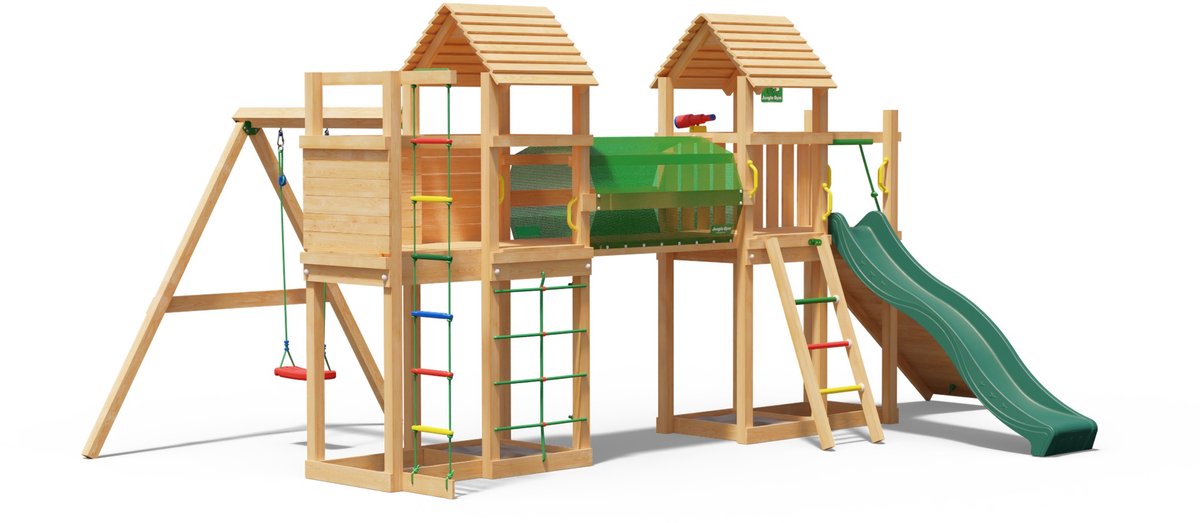   speeltoestel van douglas hout - Jungle Leda met donkergroene glijbaan - Tuin speeltoestel voor buiten met zandbak, schommel en klimladder