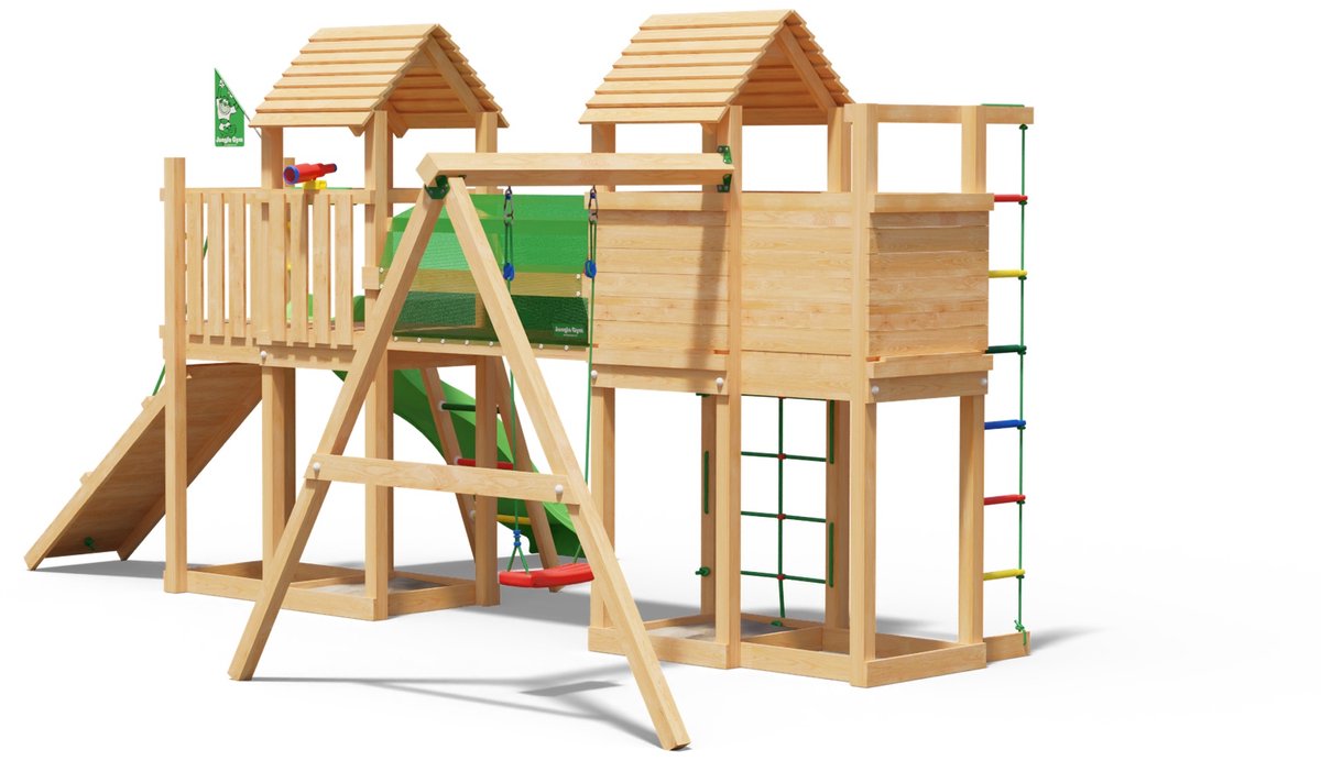   speeltoestel van douglas hout - Jungle Leda met groene glijbaan - Tuin speeltoestel voor buiten met zandbak, schommel en klimladder