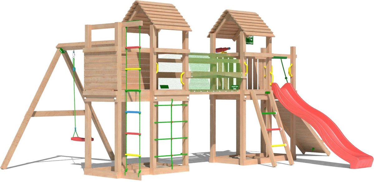   speeltoestel van douglas hout - Jungle Leda met rode glijbaan - Tuin speeltoestel voor buiten met zandbak, schommel en klimladder