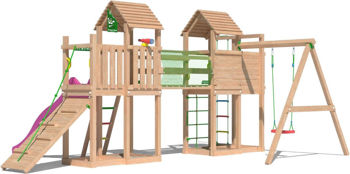   speeltoestel van douglas hout - Jungle Leda met roze glijbaan - Tuin speeltoestel voor buiten met zandbak, schommel en klimladder