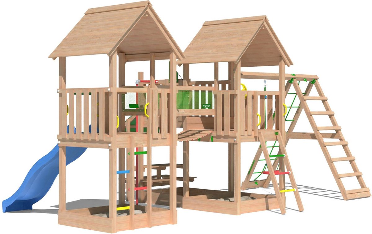   speeltoestel van douglas hout - Jungle Luxor met blauwe glijbaan - Tuin speeltoestel voor buiten met zandbak, schommel en klimnet