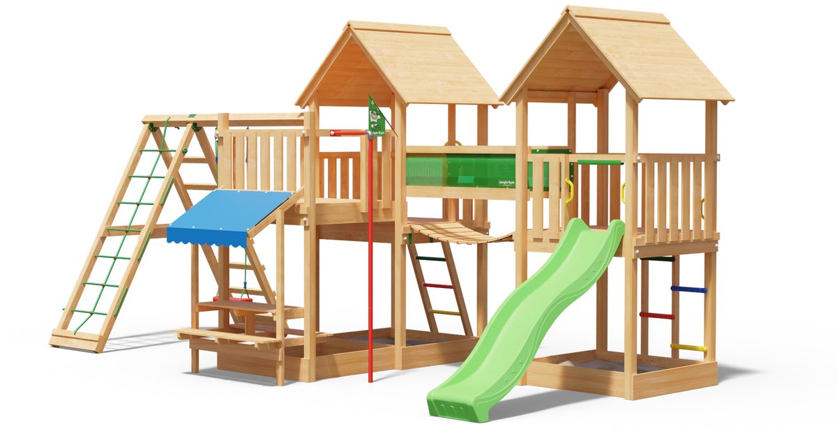   speeltoestel van douglas hout - Jungle Luxor met groene glijbaan - Tuin speeltoestel voor buiten met zandbak, schommel en klimnet