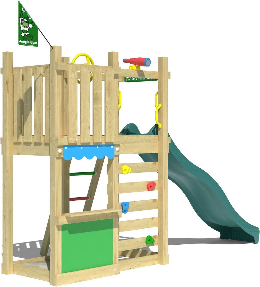   speeltoestel van douglas hout - Jungle Nest met gele glijbaan - Tuin speeltoestel voor buiten met zandbak, winkeltje en klimwand