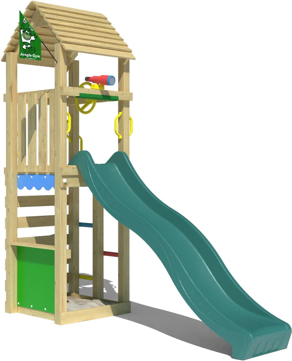   speeltoestel van douglas hout - Jungle Nook met groene glijbaan - Tuin speeltoestel voor buiten met zandbak, winkeltje en klimwand