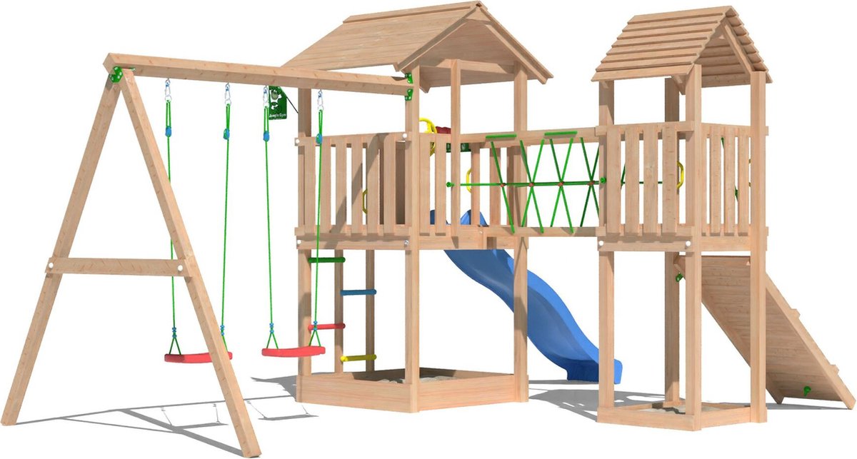   speeltoestel van douglas hout - Jungle Nova met blauwe glijbaan - Tuin speeltoestel voor buiten met zandbak, schommels en klimhelling