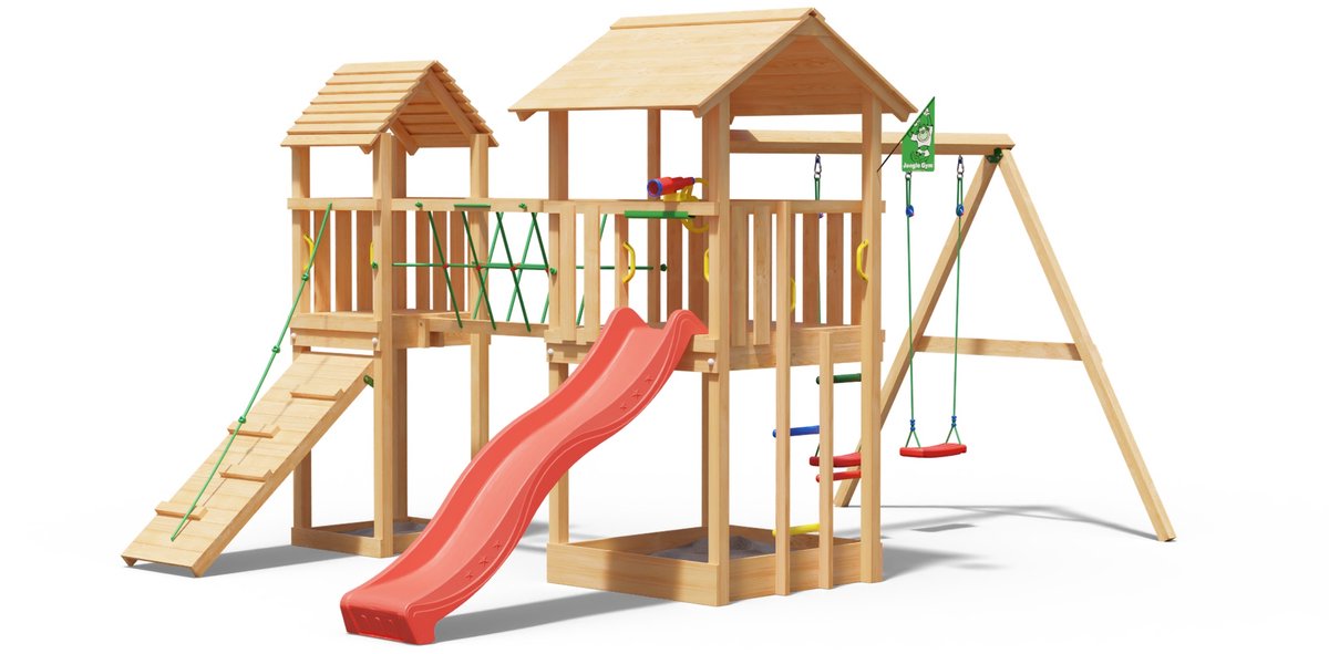   speeltoestel van douglas hout - Jungle Nova met rode glijbaan - Tuin speeltoestel voor buiten met zandbak, schommels en klimhelling