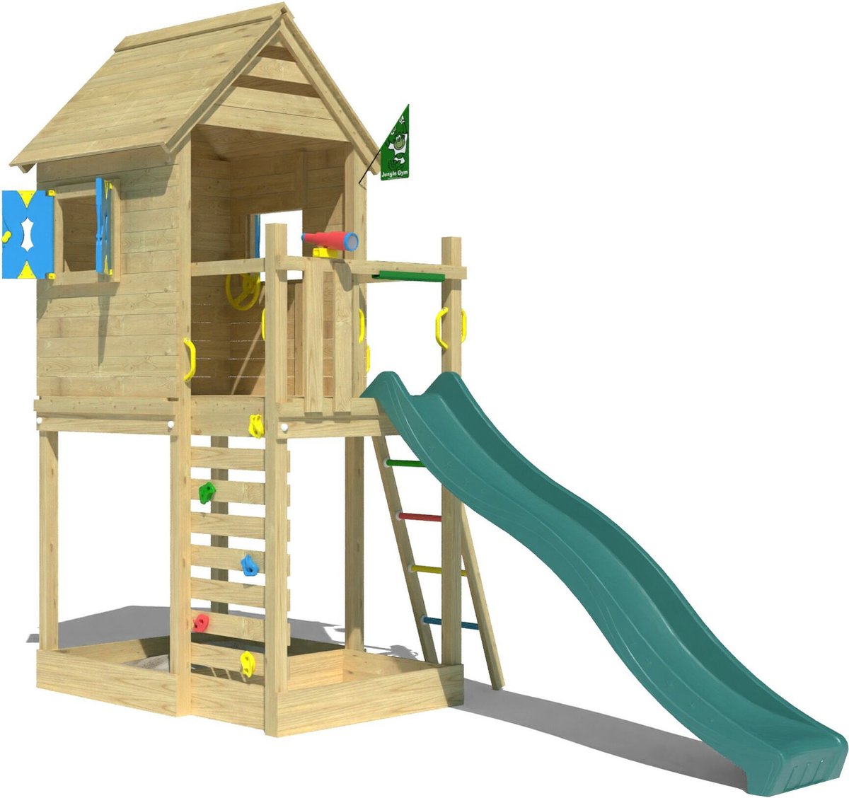   speeltoestel van douglas hout - Jungle Oasis met gele glijbaan - Tuin speeltoestel voor buiten met zandbak, klimwand en speelhuisje