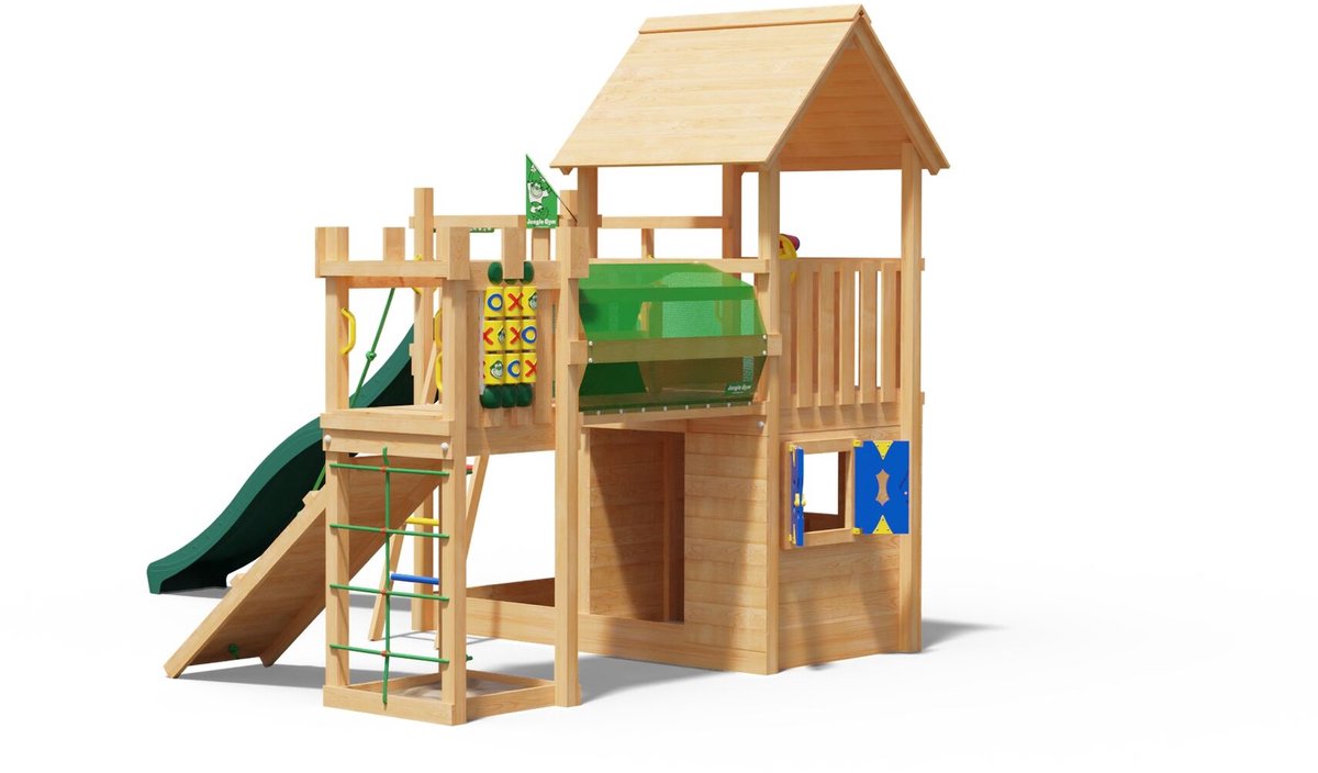   speeltoestel van douglas hout - Jungle Olympus met donkergroene glijbaan - Tuin speeltoestel voor buiten met zandbak en klimwand