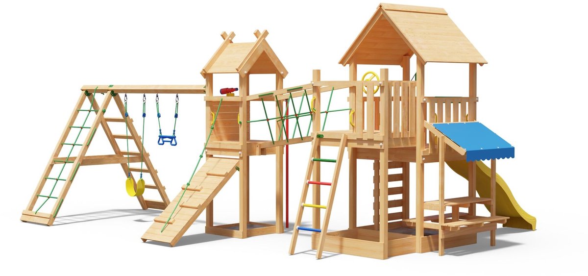   speeltoestel van douglas hout - Jungle Pavillon met gele glijbaan - Tuin speeltoestel voor buiten met schommels, brandweerpaal en zandbak