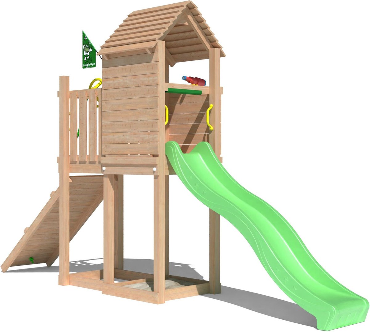   speeltoestel van douglas hout - Jungle Pod met groene glijbaan - Tuin speeltoestel voor buiten met zandbak en klimhelling