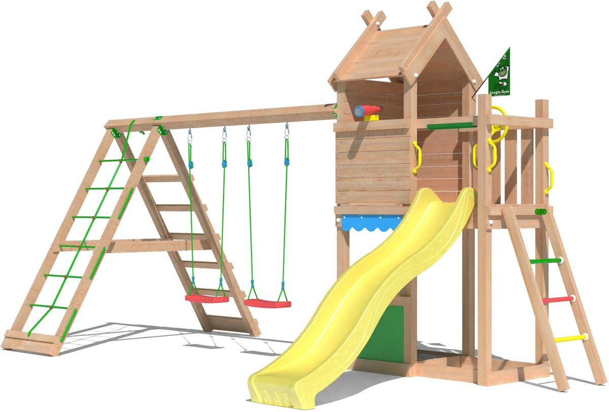   speeltoestel van douglas hout - Jungle Resort met gele glijbaan - Tuin speeltoestel voor buiten met zandbak, speelhuisje en schommels