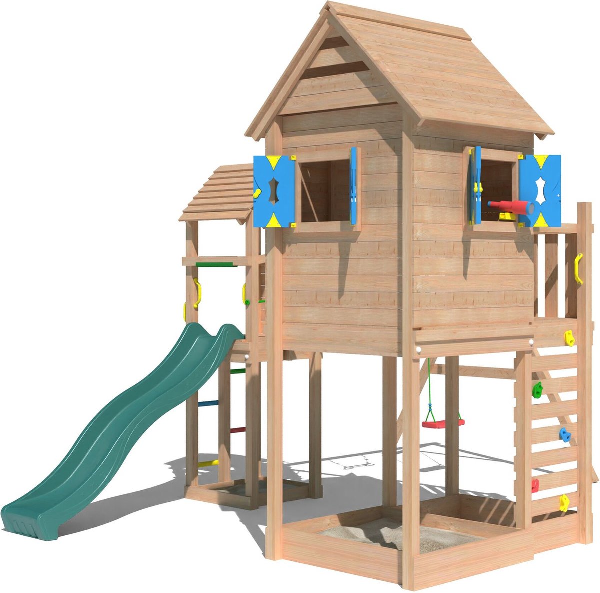   speeltoestel van douglas hout - Jungle Retreat met donkergroene glijbaan - Tuin speeltoestel voor buiten met zandbak en schommels