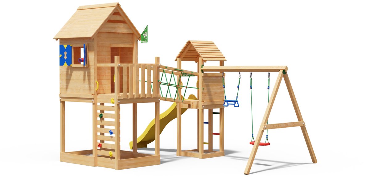   speeltoestel van douglas hout - Jungle Retreat met gele glijbaan - Tuin speeltoestel voor buiten met zandbak en schommels