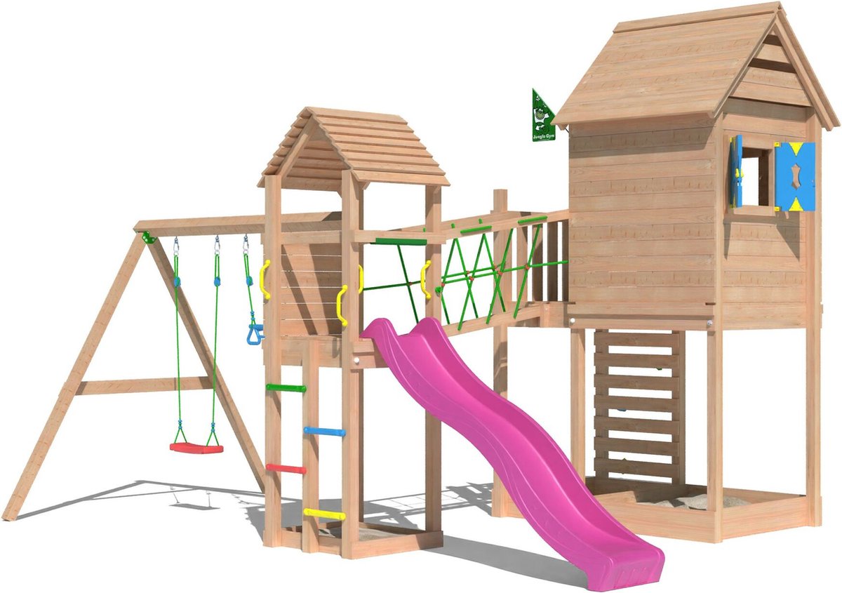   speeltoestel van douglas hout - Jungle Retreat met roze glijbaan - Tuin speeltoestel voor buiten met zandbak en schommels