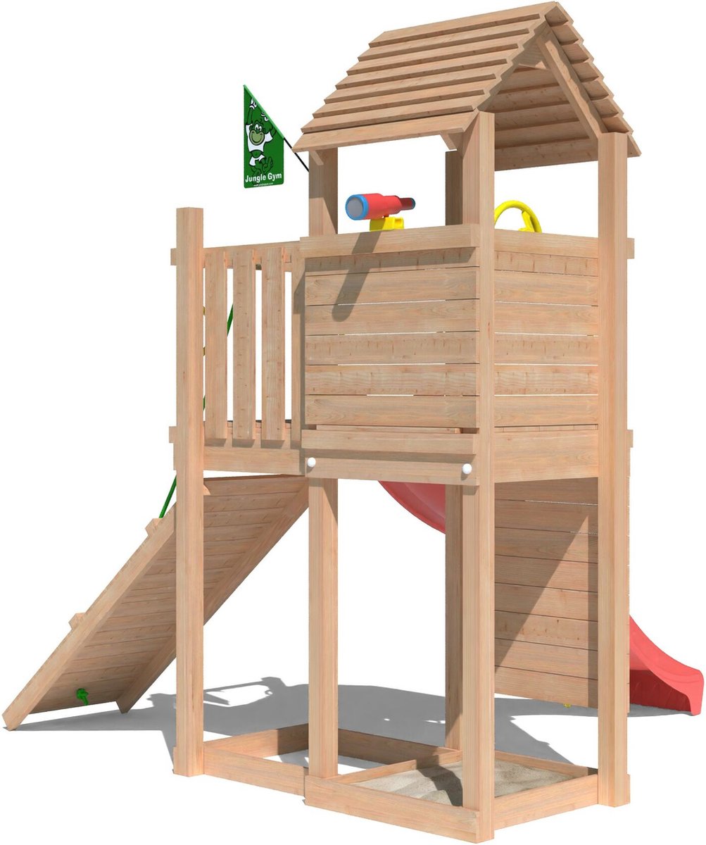   speeltoestel van douglas hout - Jungle Roamer met rode glijbaan - Tuin speeltoestel voor buiten met zandbak, klimwand en klimhelling