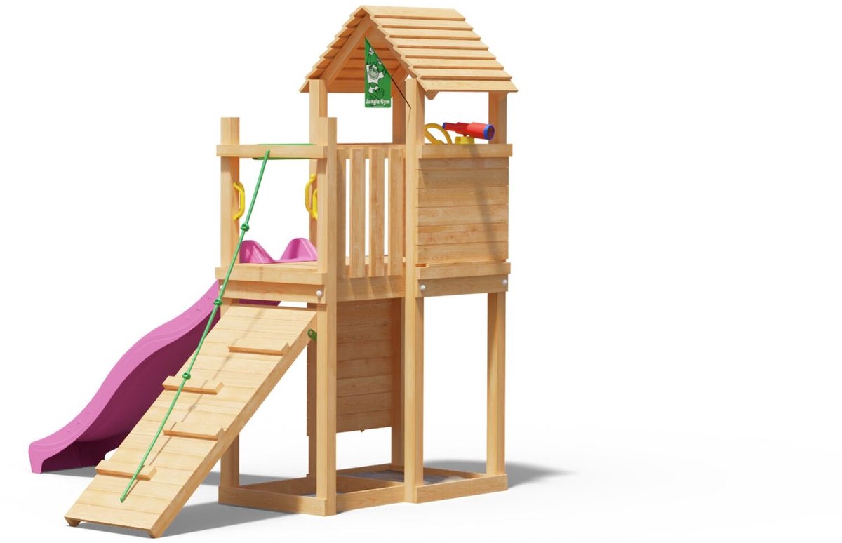   speeltoestel van douglas hout - Jungle Roamer met roze glijbaan - Tuin speeltoestel voor buiten met zandbak, klimwand en klimhelling